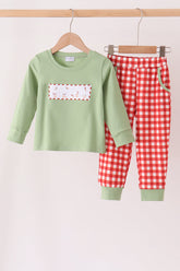 Sage goose embroidery gingham pants set - Aaria Tees