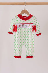 Green grinch embroidery ruffle dot romper - Aaria Tees