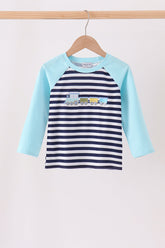 Blue train embroidery stripe top - Aaria Tees