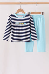 Blue train embroidery stripe pants set - Aaria Tees