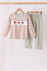 Brown turkey embroidery gingham pants set - Aaria Tees