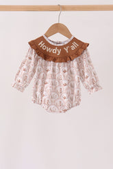 Brown Howdy Y'ALL embroidery ruffle bubble - Aaria Tees