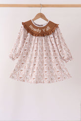 Brown Howdy Y'ALL embroidery ruffle dress - Aaria Tees