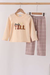 Brown Howdy Y'ALL boots embroidery plaid pants set - Aaria Tees