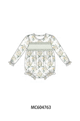 Sage floral smocked ruffle bubble - Aaria Tees
