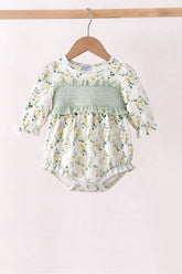 Sage floral smocked ruffle bubble - Aaria Tees