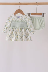 Sage floral smocked ruffle bloomer set - Aaria Tees