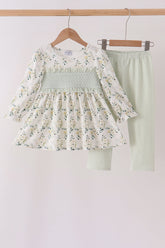 Sage floral smocked ruffle pants set - Aaria Tees