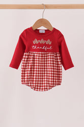 Maroon thankful leaves embroidey gingham bubble - Aaria Tees