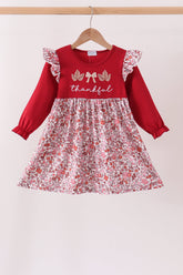 Maroon thankful leaves floral embroidey dress - Aaria Tees