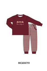 Maroon thankful leaves embroidey gingham pants set - Aaria Tees
