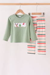 Green Reindeer Tree Embroidery Stripe Pants Set - Aaria Tees