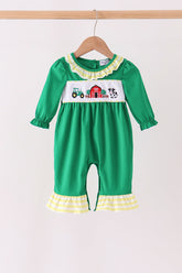 Green Farm Cow Embroidery Ruffle Romper - Aaria Tees