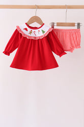 Red Holly Jolly Embroidery Ruffle Bloomer Set - Aaria Tees
