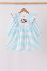 Blue Stripe Holly Jolly Ruffle Dress - Aaria Tees