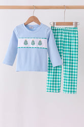 Green Christmas Tree Embroidery Gingham Pants Set - Aaria Tees