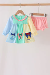 Colorblock character applique ruffle bloomer set - Aaria Tees