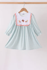 Sage Turkey Embroidery Gingham Ruffle Dress - Aaria Tees
