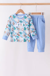 Blue Cowboy Santa Embroidery Pants Set - Aaria Tees