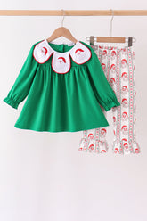 Green Santa Embroidery Ruffle Pants Set - Aaria Tees
