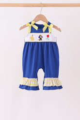 Royal Blue Character Embroidery Ruffle Romper - Aaria Tees