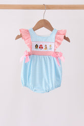 Blue Stripe Princess Embroidery Ruffle Bubble - Aaria Tees