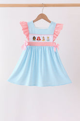 Blue Stripe Princess Embroidery Ruffle Dress - Aaria Tees