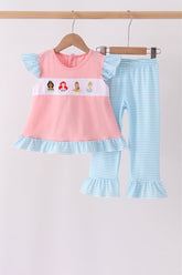 Pink Princess Embroidery Stripe Ruffle Pants Set - Aaria Tees