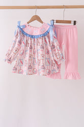Pink Character Bow Embroidery Ruffle Pants Set - Aaria Tees