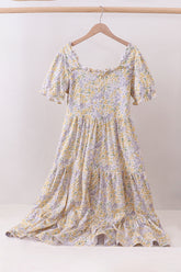 Floral print puff sleeve tiered dress - Aaria Tees