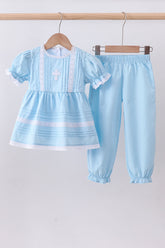Blue cross embroidery lace pants set - Aaria Tees