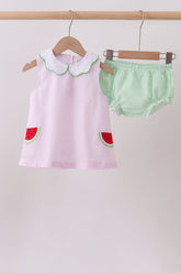 Pink stripe watermelon embroidery seersucker bloomer set - Aaria Tees