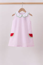 Pink stripe watermelon embroidery seersucker dress - Aaria Tees