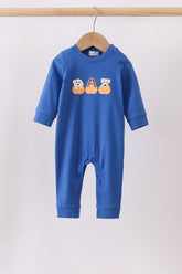 Royal blue puppy pumpkin embroidery romper - Aaria Tees