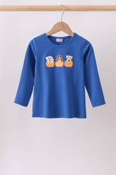 Royal blue puppy pumpkin embroidery top - Aaria Tees