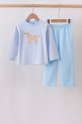 Blue stripe puppy embroidery pants set - Aaria Tees
