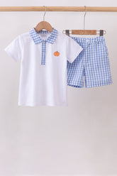 Blue gingham pumpkin embroidery shorts set - Aaria Tees