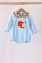 Blue turkey embroidery plaid ruffle bubble - Aaria Tees