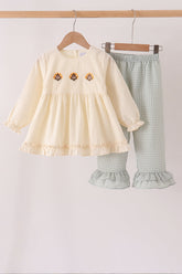 Beige turkey embroidery ruffle pants set - Aaria Tees