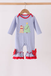 Blue christmas tree puppy embroidery stripe ruffle romper - Aaria Tees