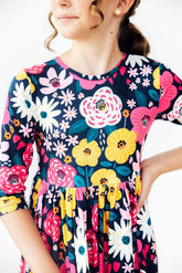 Midnight Floral 3/4 Sleeve Pocket Twirl Dress - Aaria Tees