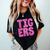 Tigers Pink Faux Embroidery & Sequin School Spirit Graphic Tee - Aaria Tees