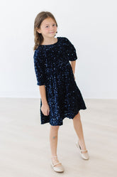 Navy Blue Velvet Sequin Dress - Aaria Tees