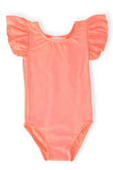 Neon Coral S/S Flutter Sleeve Leotard - Aaria Tees