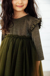 Olive Shimmer 3/4 Sleeve Tutu Dress - Aaria Tees
