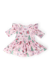 Pink Christmas 3/4 Sleeve Twirl Flutter Bodysuit - Aaria Tees