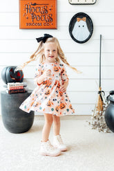 Pumpkin Peekaboo 3/4 Sleeve Pocket Twirl Dress - Aaria Tees
