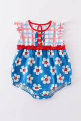 Platinum Blue & white floral print ruffle girl romper - Aaria Tees