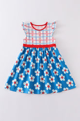Platinum Blue & white floral print ruffle plaid dress - Aaria Tees