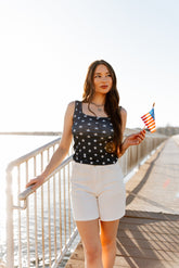 Bella Square Neck Rib Knit Tank Top, Navy Stars - Aaria Tees